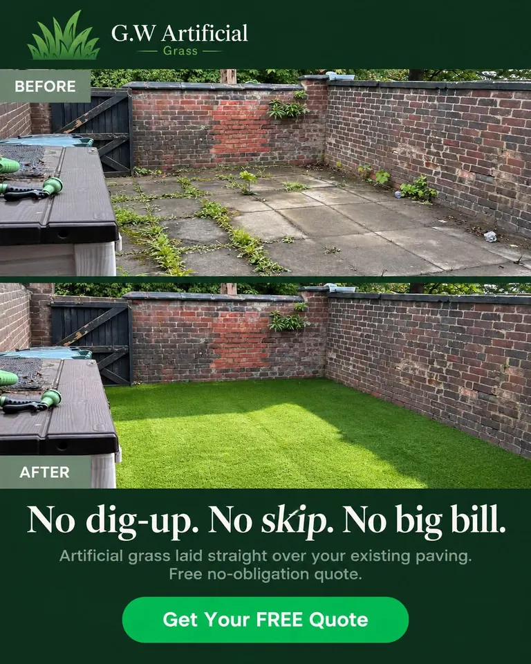 Bury before and after: artificial grass installed over existing paving flags