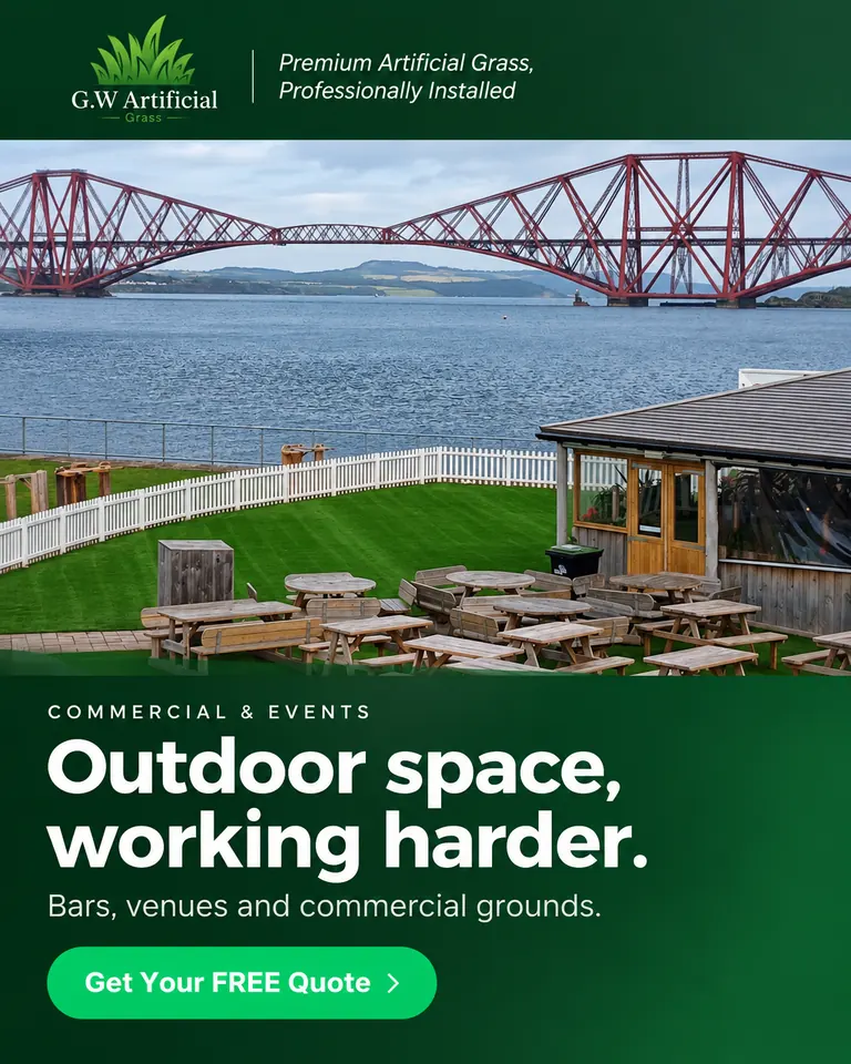 Commercial artificial grass installation at Scott’s Bar, South Queensferry, overlooking the Forth Bridge
