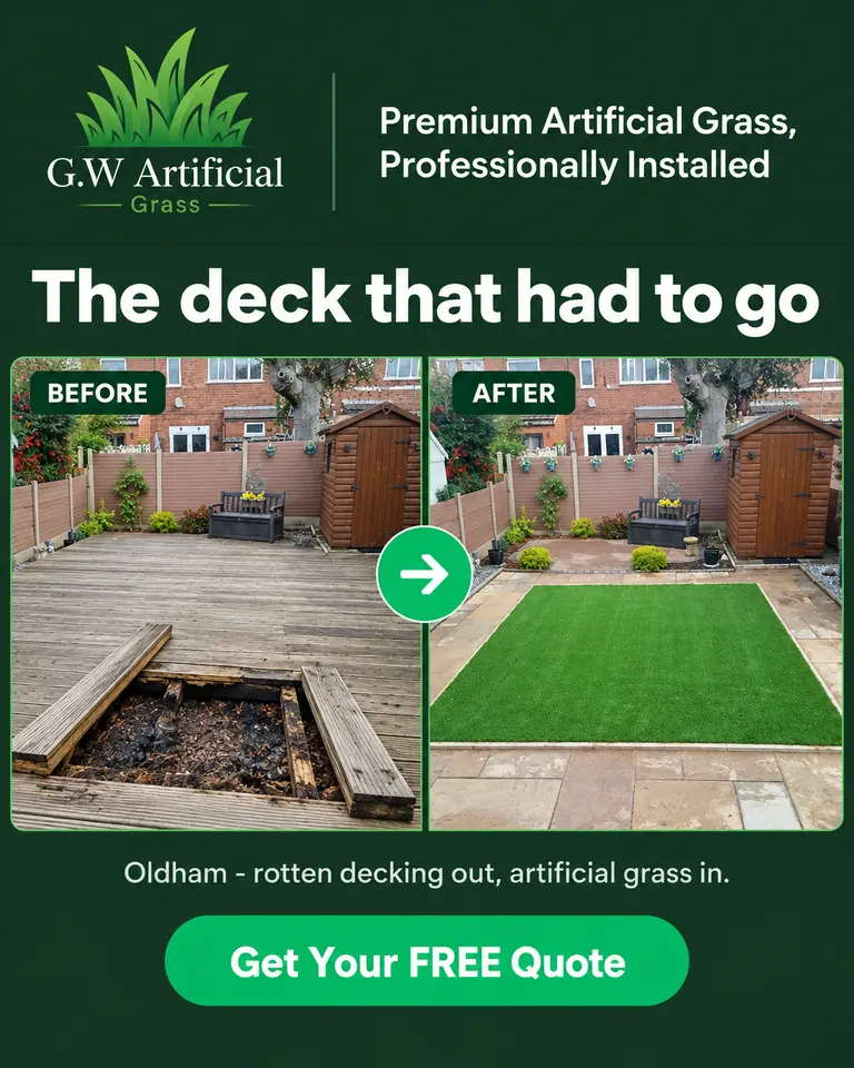 Oldham before and after: rotten decking removed and replaced with artificial grass