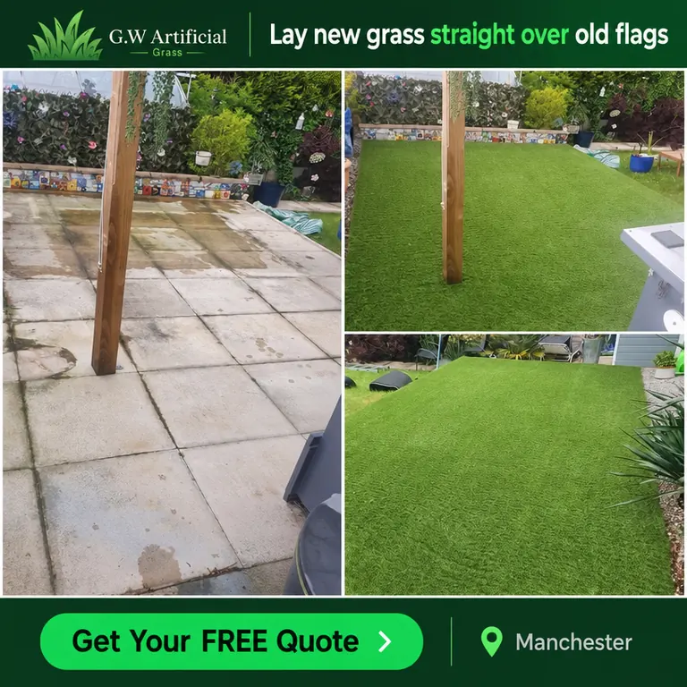 Before and after artificial grass laid over existing patio flags