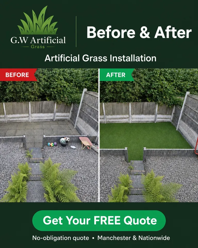 Before and after patio flags transformed with artificial grass