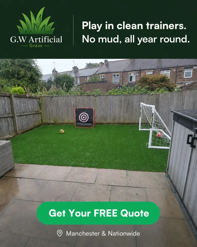 Artificial grass mini football training garden with goals and rebound target
