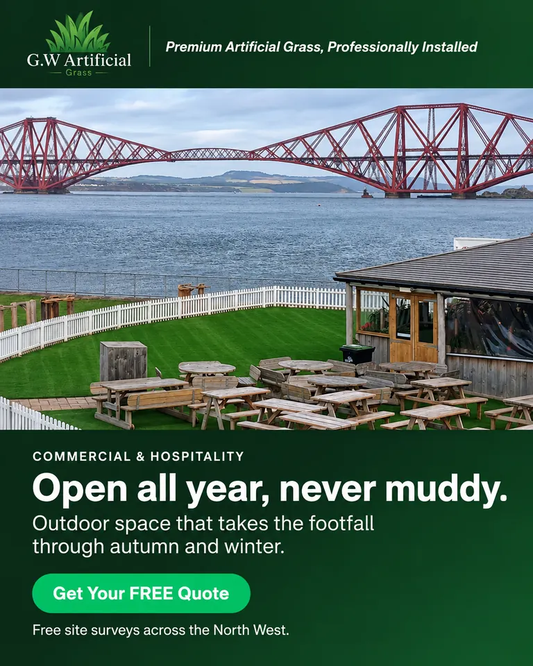Artificial grass outdoor seating area at Scott’s Bar, South Queensferry, overlooking the Forth Bridge.