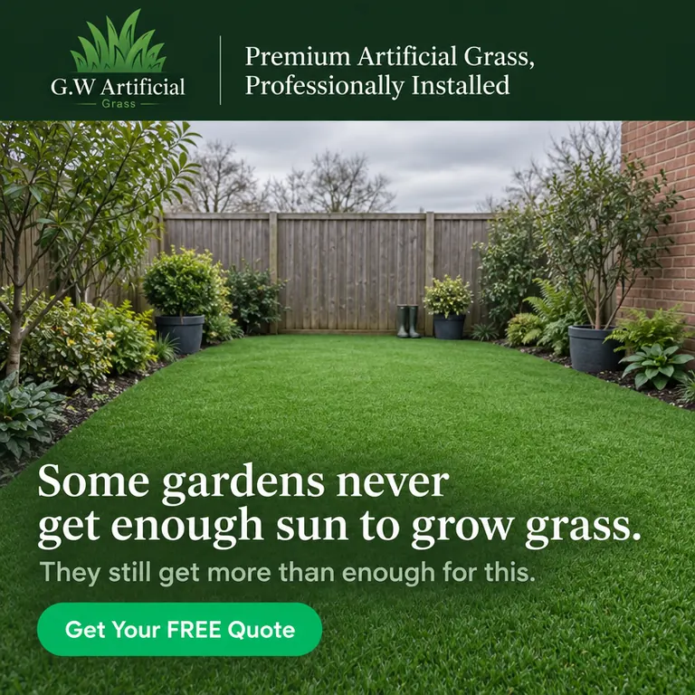Artificial grass garden transformation for a shaded outdoor space.