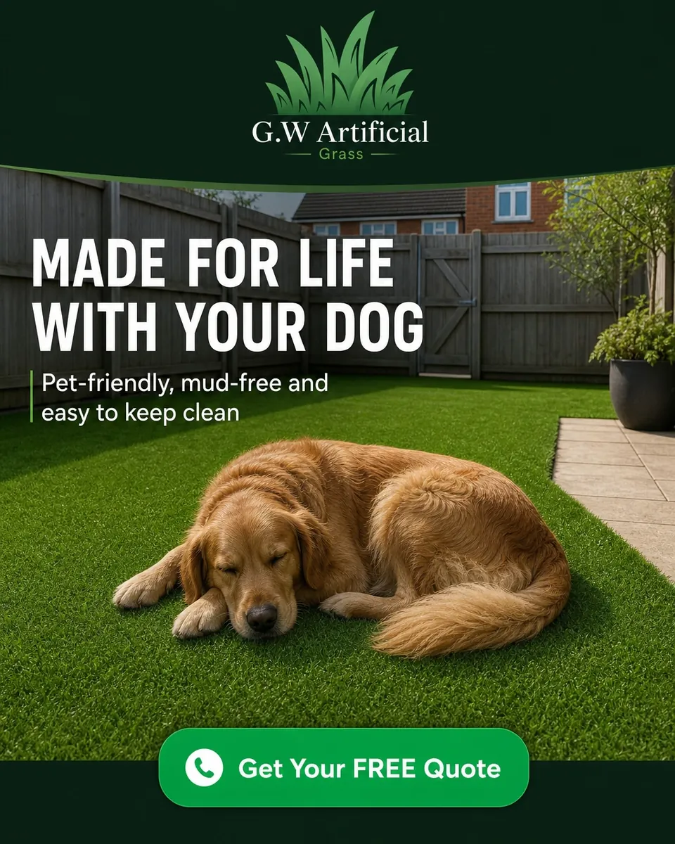 Pet-friendly artificial grass garden with dog installed by G.W Artificial Grass