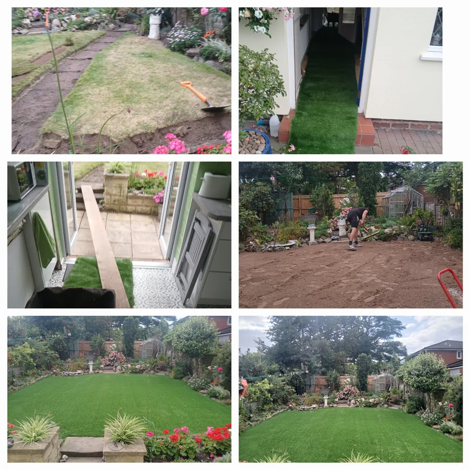 Oldham artificial grass project showing wheelbarrow access through the house, preparation and completed lawn
