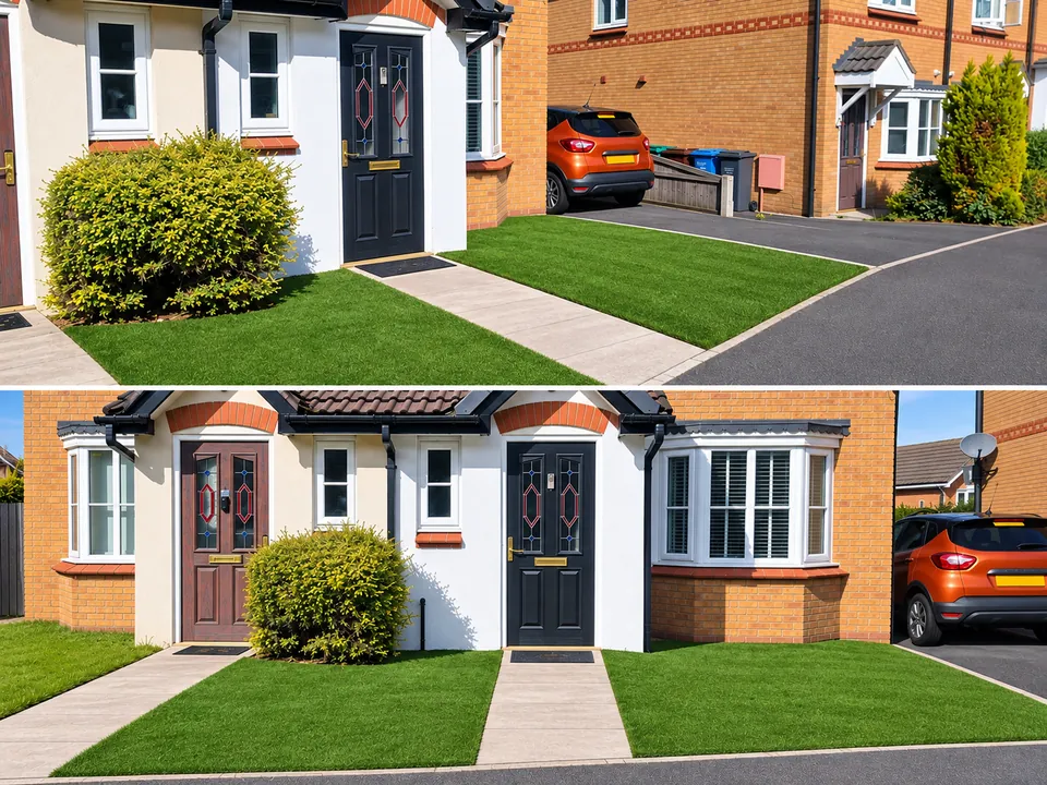 Finished artificial grass front garden in Wythenshawe
